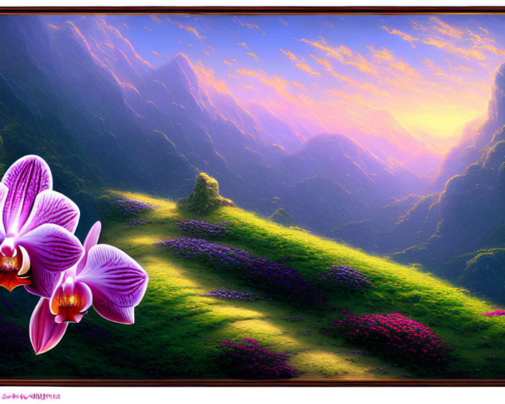 Purple Orchids and Sunset on Green Mountain Landscape
