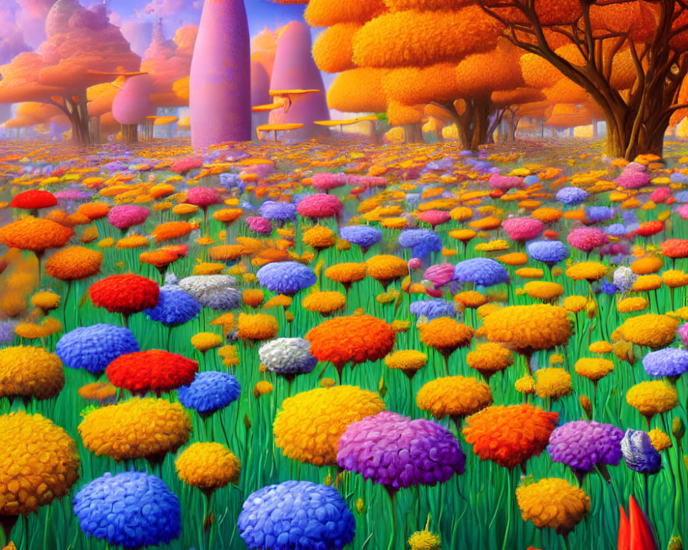 Colorful Fantasy Landscape with Giant Mushrooms and Autumn Trees under Purple Sky