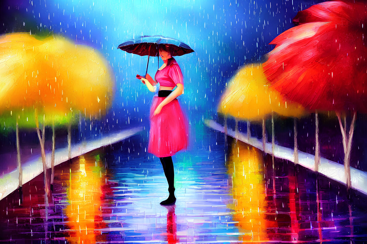 Vibrant painting of person with umbrella in rainy forest