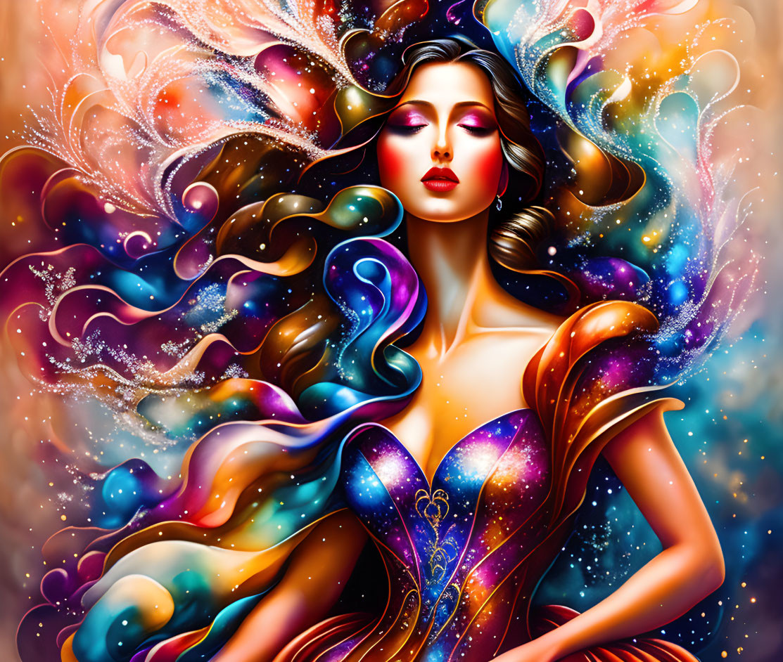 Colorful cosmic nebula woman illustration with flowing hair and starry dress.