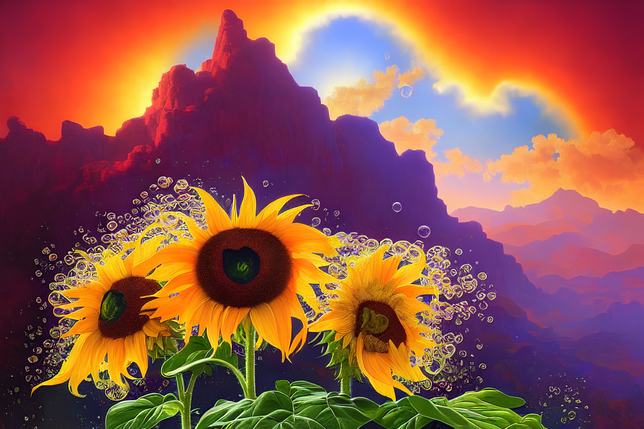 Sunflowers and Mountains Under Fiery Sunset Sky with Floating Bubbles
