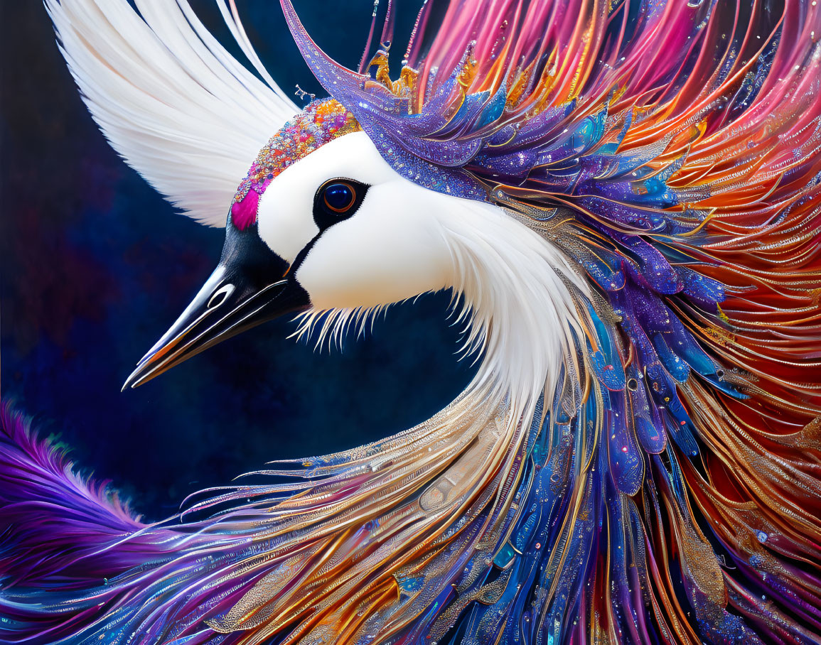 Colorful Bird Digital Artwork with Blue, Purple, and Gold Feathers