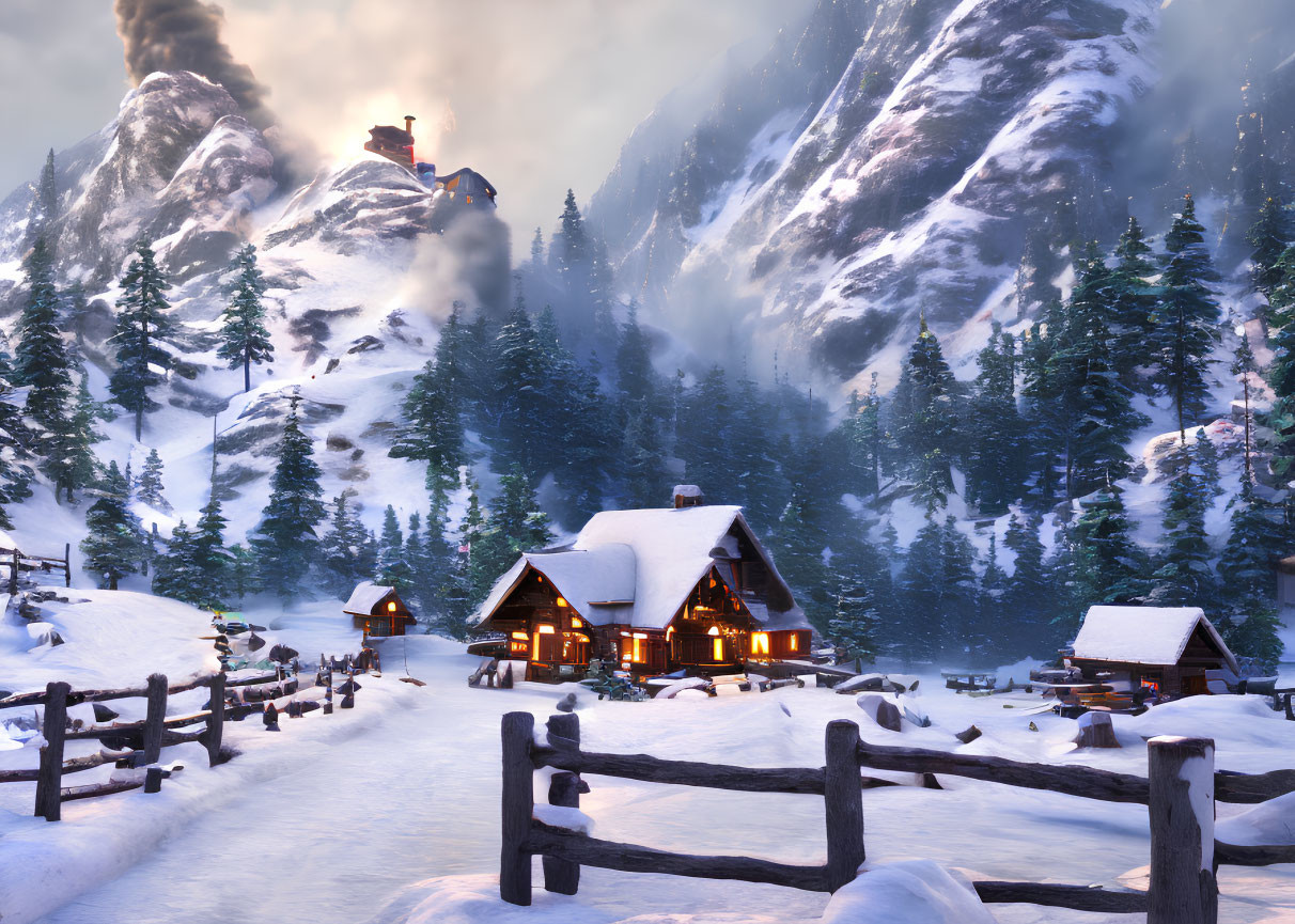 Winter scene: Snow-covered chalets, pine trees, wooden fence, mountains at dusk