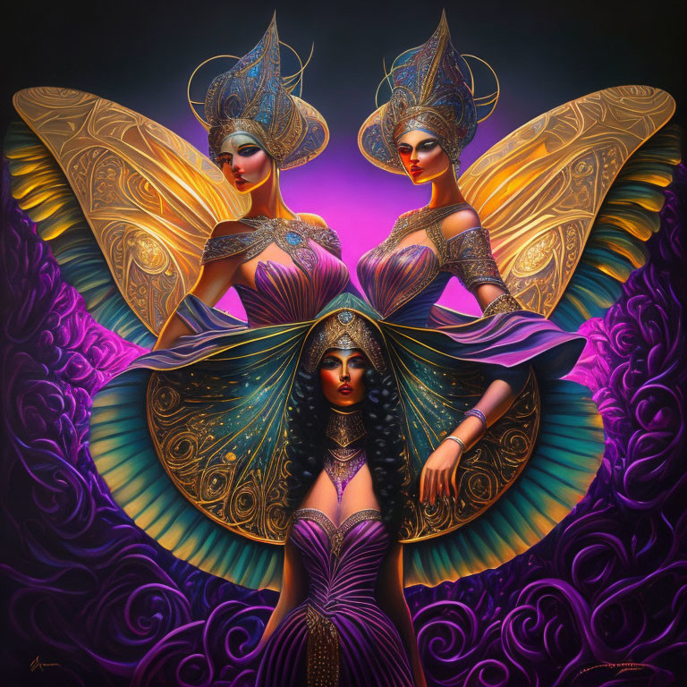 Fantasy women with golden wings and purple attire in mystical setting