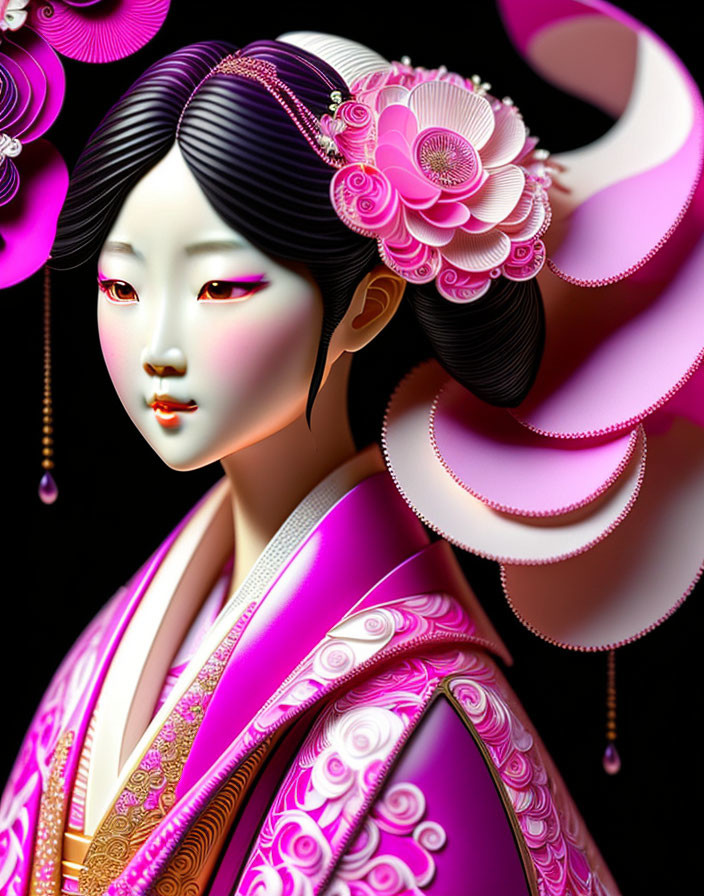 Digital illustration of Asian woman in colorful kimono on black background