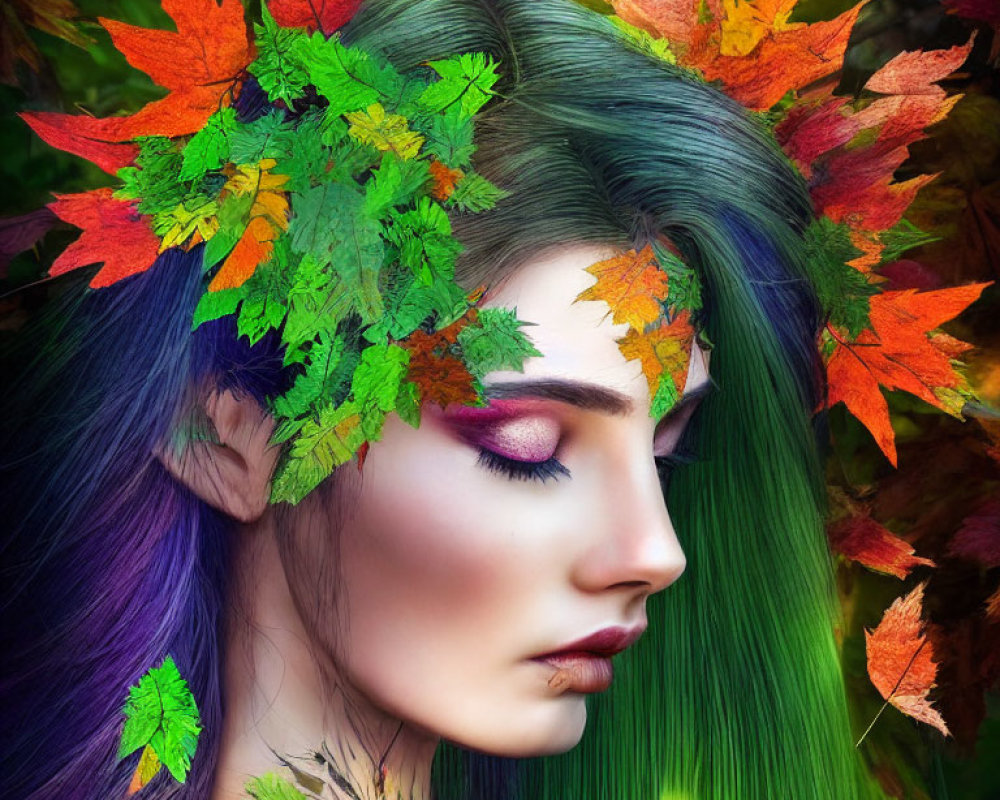 Woman with Green Hair and Autumn Leaf Adornments