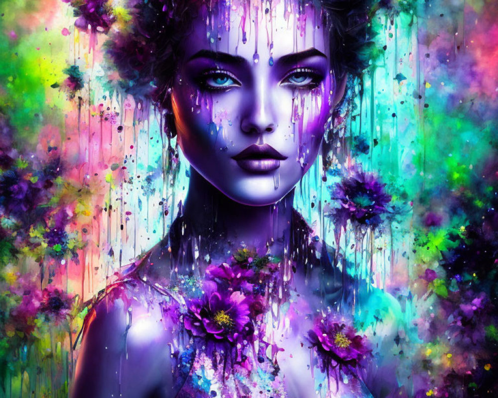 Colorful digital artwork: Female figure with purple skin, paint drips, splashes, and floral