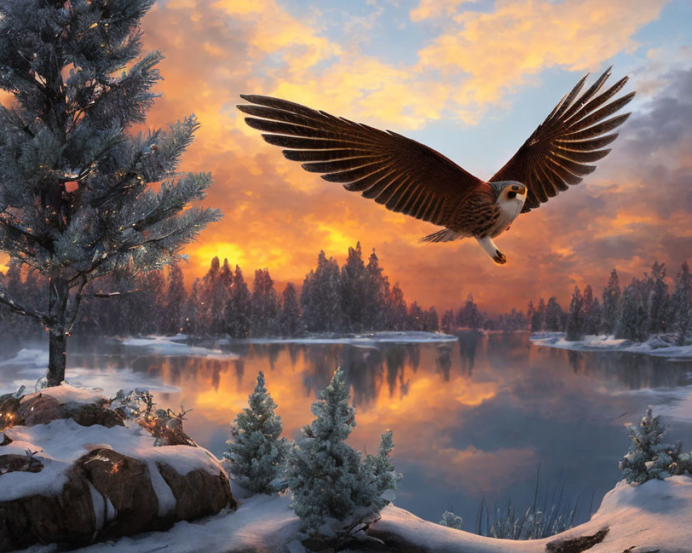 Snow-covered winter landscape with falcon in flight at sunrise