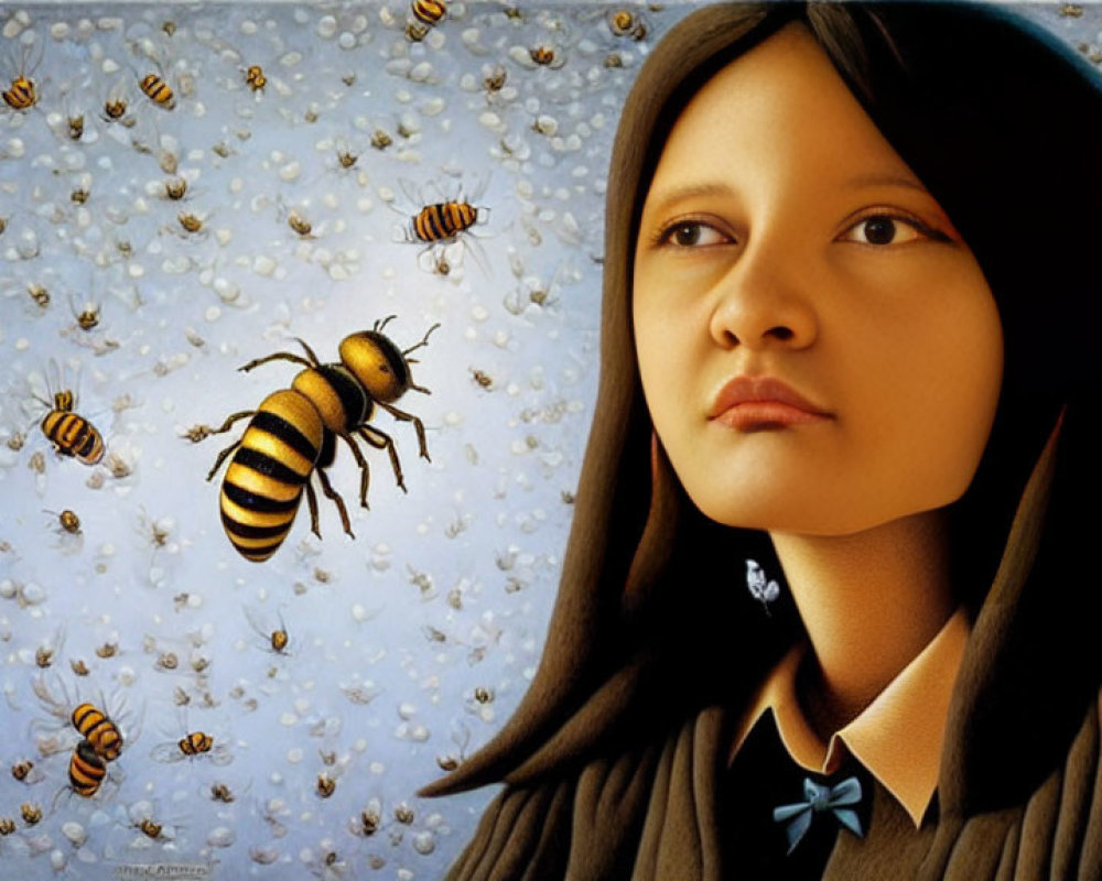 Digital Artwork: Thoughtful Girl Surrounded by Bees on Honeycomb Background