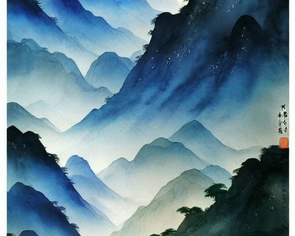 Traditional Asian Painting: Misty Blue Mountains, Red Pagoda, Serene Landscape