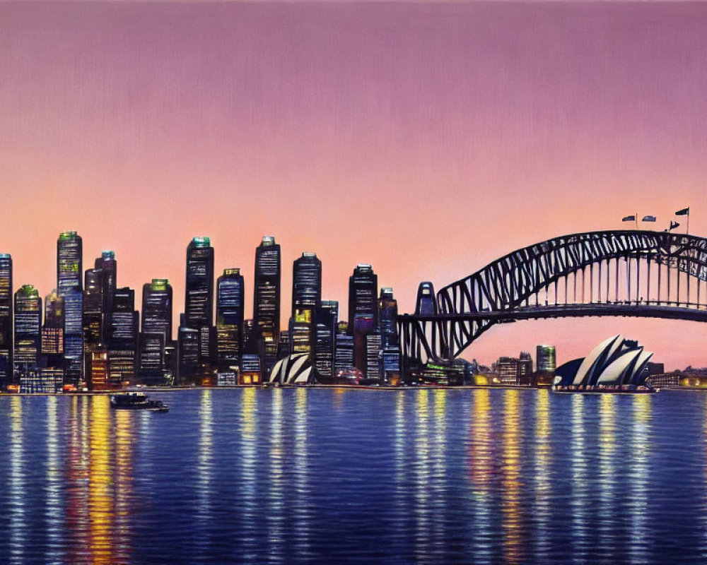 Sydney skyline painting at dusk with Harbour Bridge and Opera House