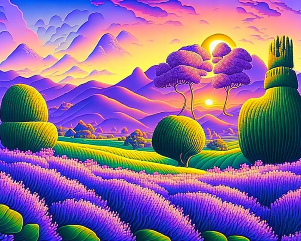 Colorful surreal landscape: purple foliage, whimsical green trees, mountains, pink sunset sky