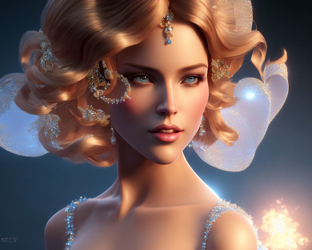 Blonde woman with blue eyes and ornate jewelry in digital 3D art