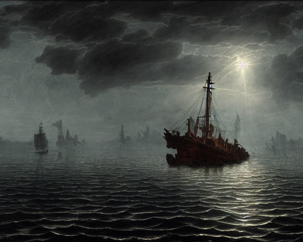 Sailing ships on stormy sea with dramatic lightning