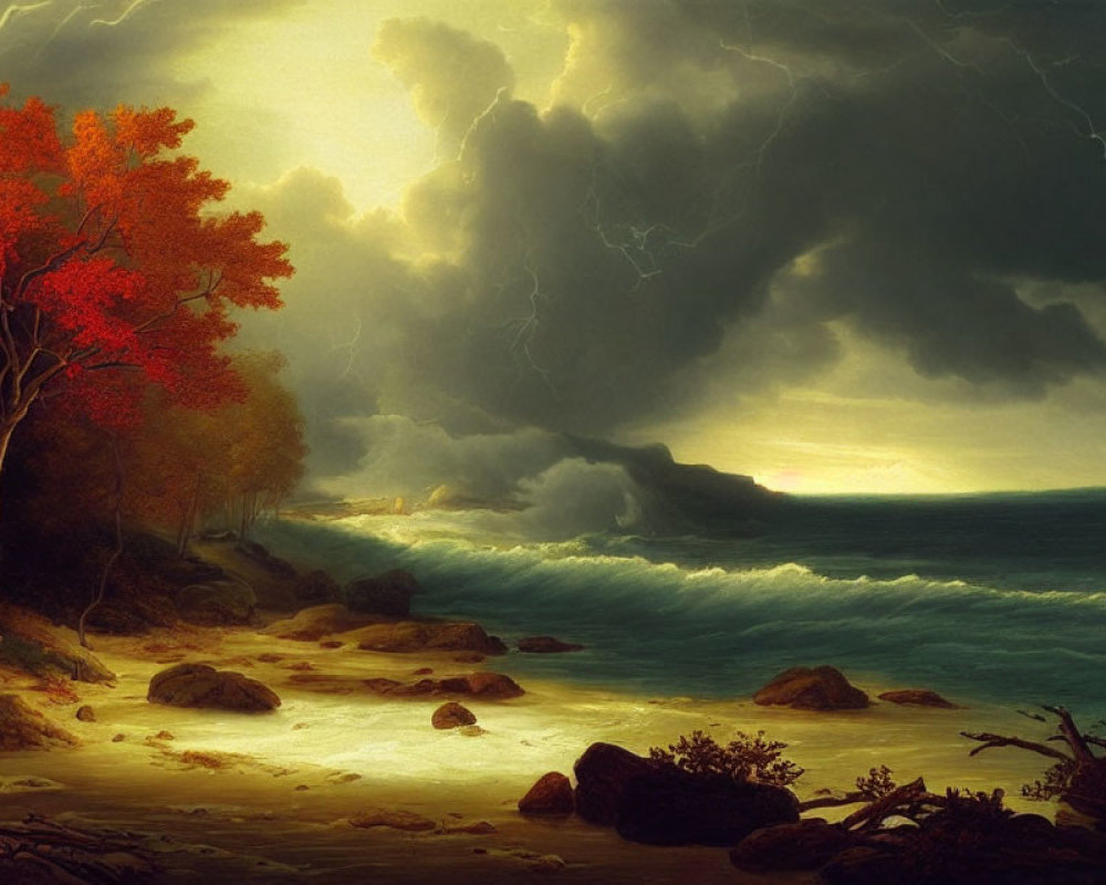 Stormy Romantic Era Painting of Coastline with Dark Clouds