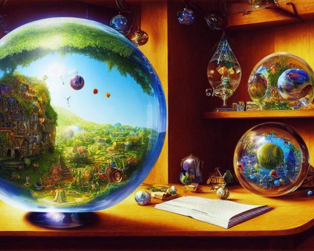 Colorful Artwork: Whimsical Scene in Glass Orbs on Wooden Shelf