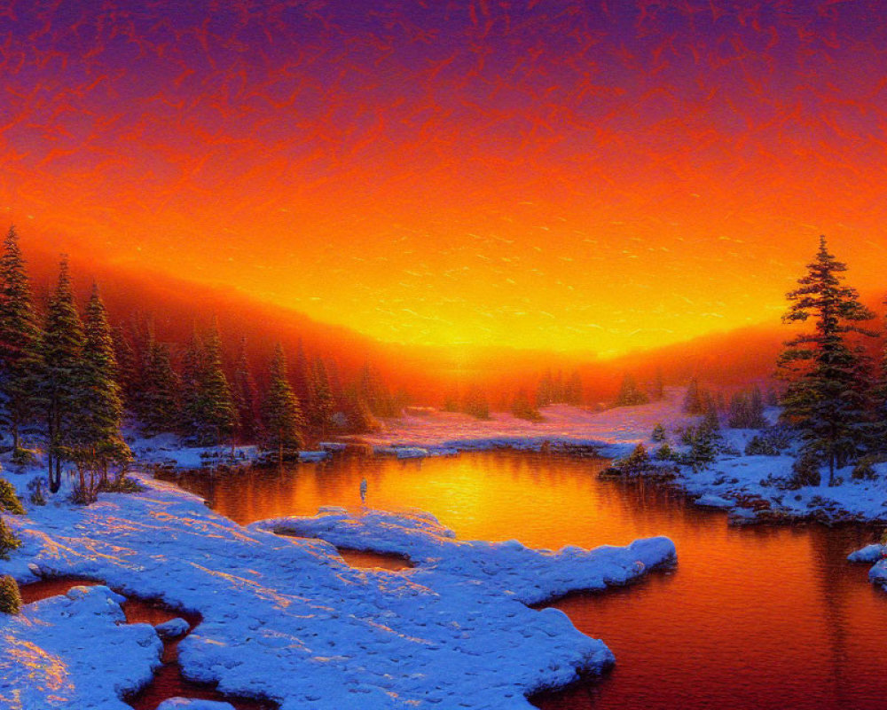 Scenic snow-covered river at sunset in pine forest