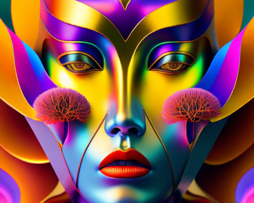 Colorful Stylized Face Art with Metallic, Floral Elements