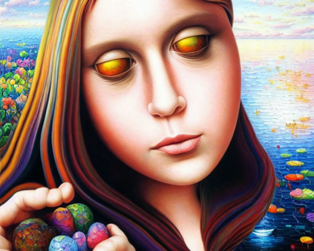 Surreal painting of woman with multi-colored hair and golden eyes