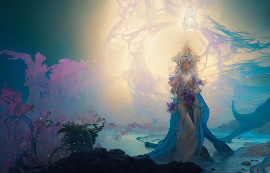 Elaborately Attired Mystical Figure in Vibrant Underwater Landscape