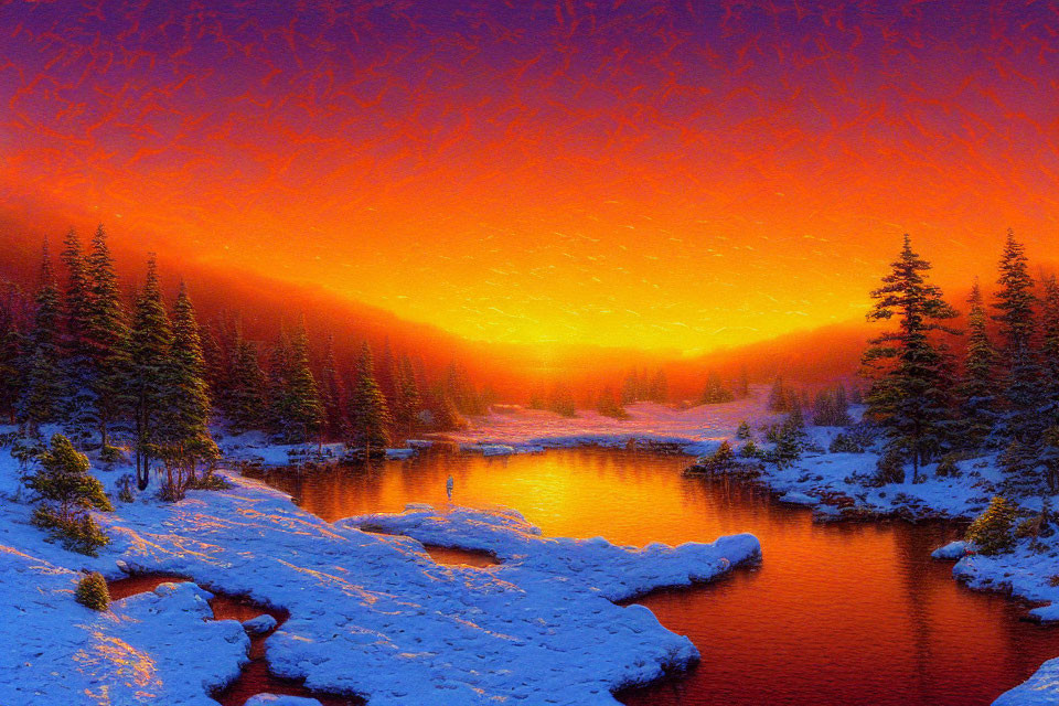 Scenic snow-covered river at sunset in pine forest