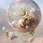 Lush green island with pink blossoms in floating bubble against dreamy sky