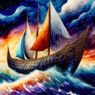 Colorful painting of sailing ship in turbulent ocean with surreal sky