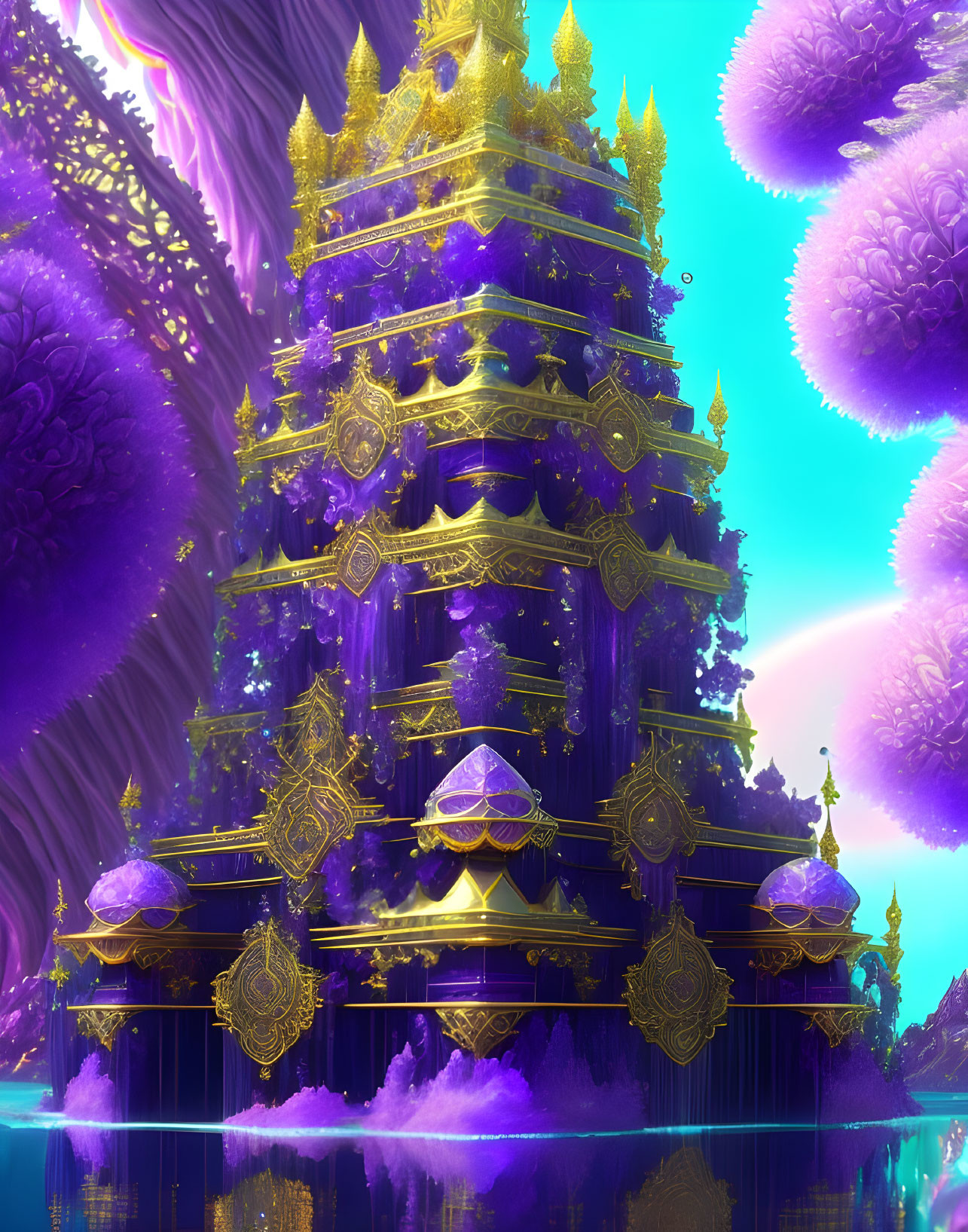 Golden temple with intricate designs in a fantastical landscape