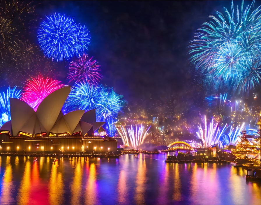 Colorful fireworks illuminate Sydney Opera House and its reflection on water