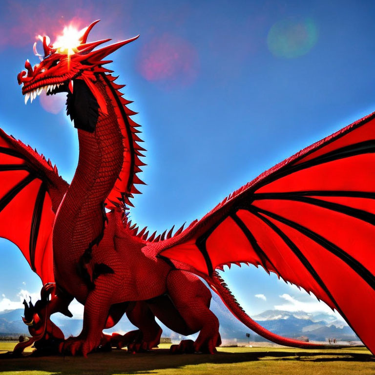 Majestic red dragon with expansive wings in bright blue sky
