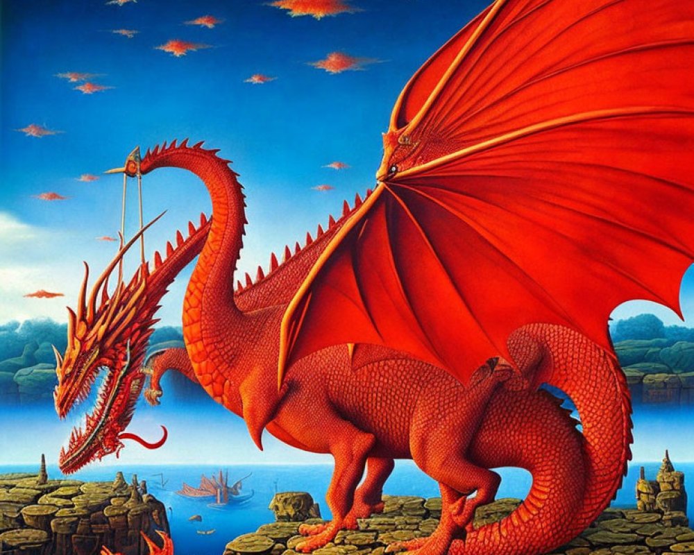 Detailed red dragon illustration on rocky terrain by lake