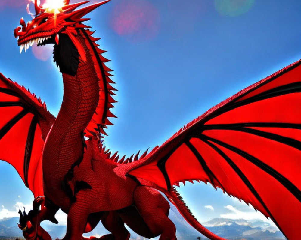 Majestic red dragon with expansive wings in bright blue sky