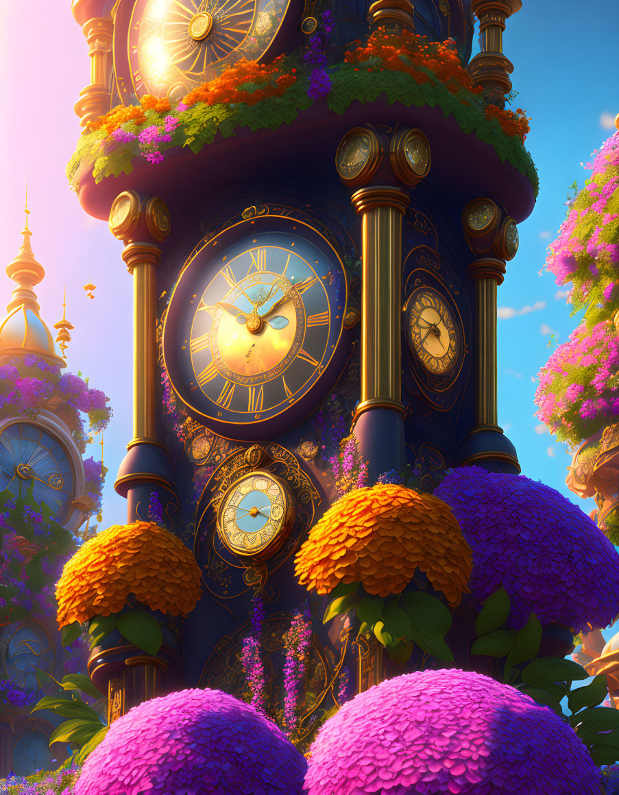 Colorful illustration: Ornate clock tower in fantastical flora setting