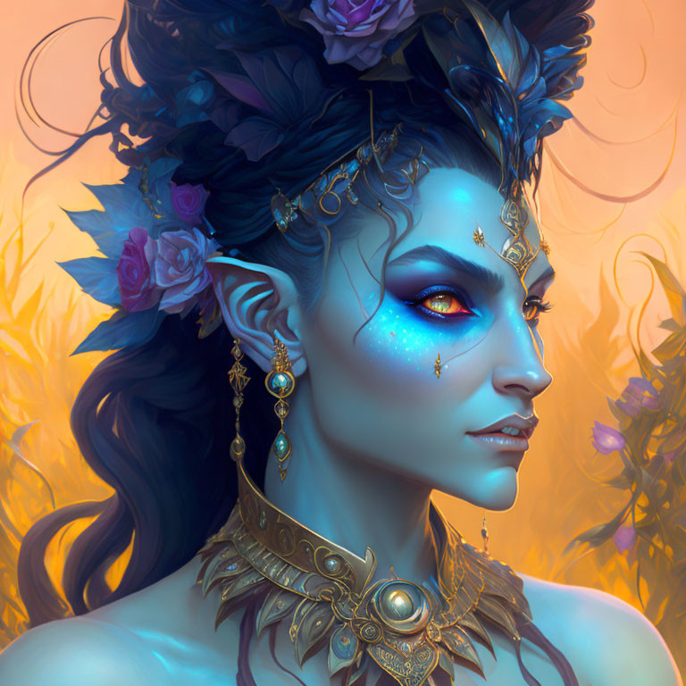 Blue-skinned fantasy character with golden jewelry and floral hair accessories on golden background