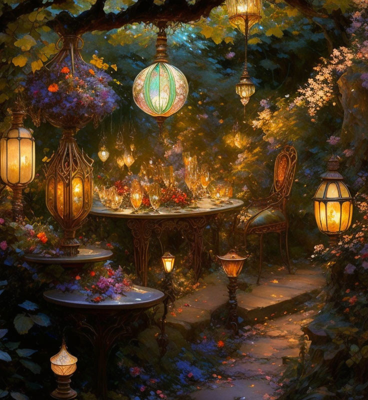 Lush flower-covered outdoor dining area with hanging lanterns