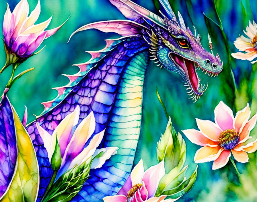 Colorful Dragon Watercolor Painting with Lotus Flowers