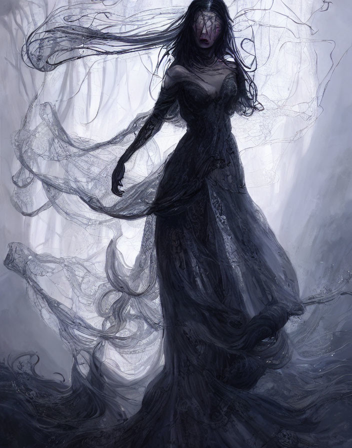 Ethereal figure in flowing black gown against misty backdrop