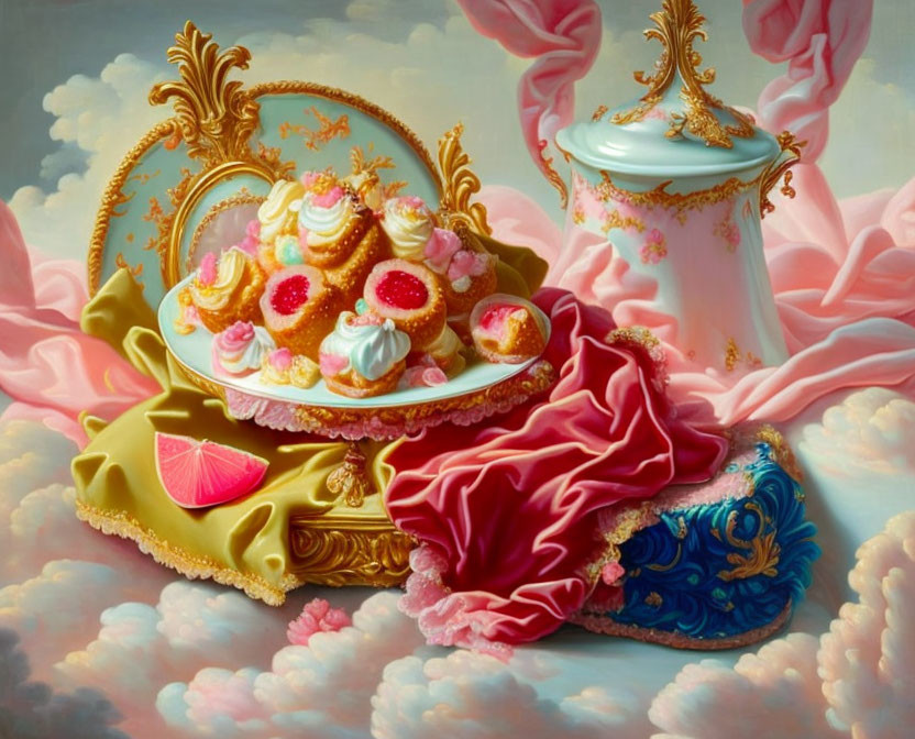 Luxurious Still Life with Golden Cutlery, Pastries, and Satin Drapery