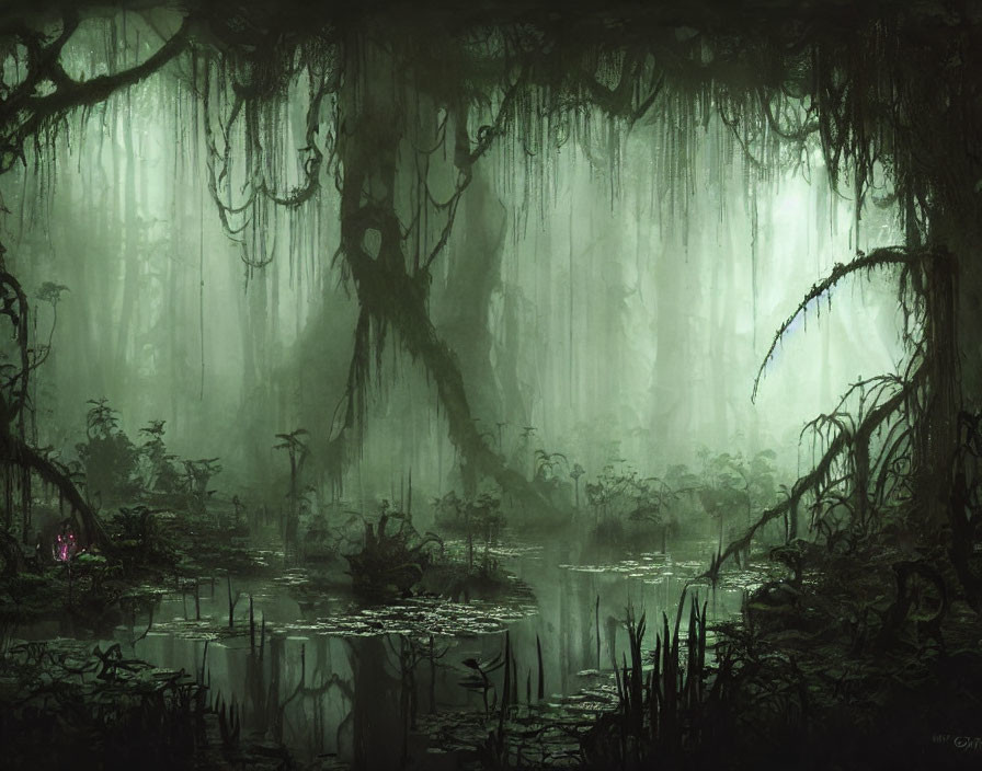 Misty swampy forest with dark waters and twisted trees