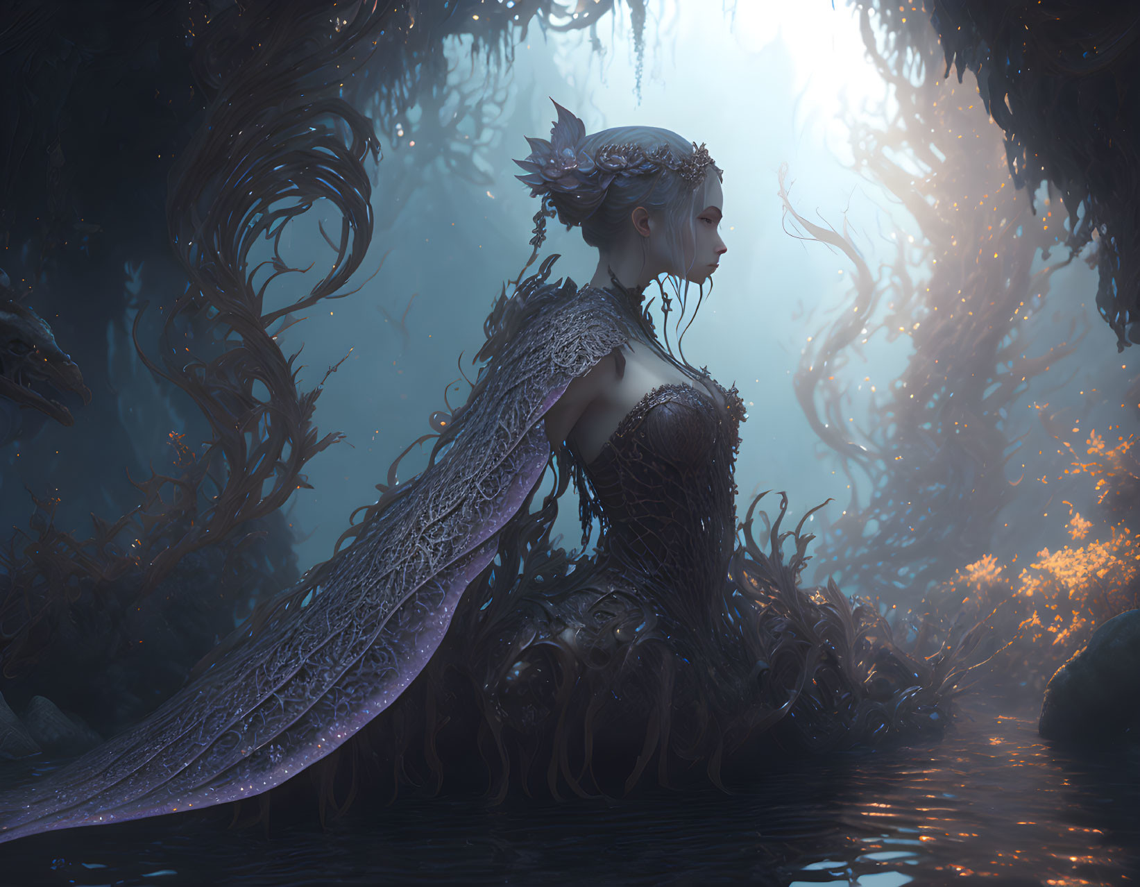 Mystical elf queen in elaborate armor in enchanted forest