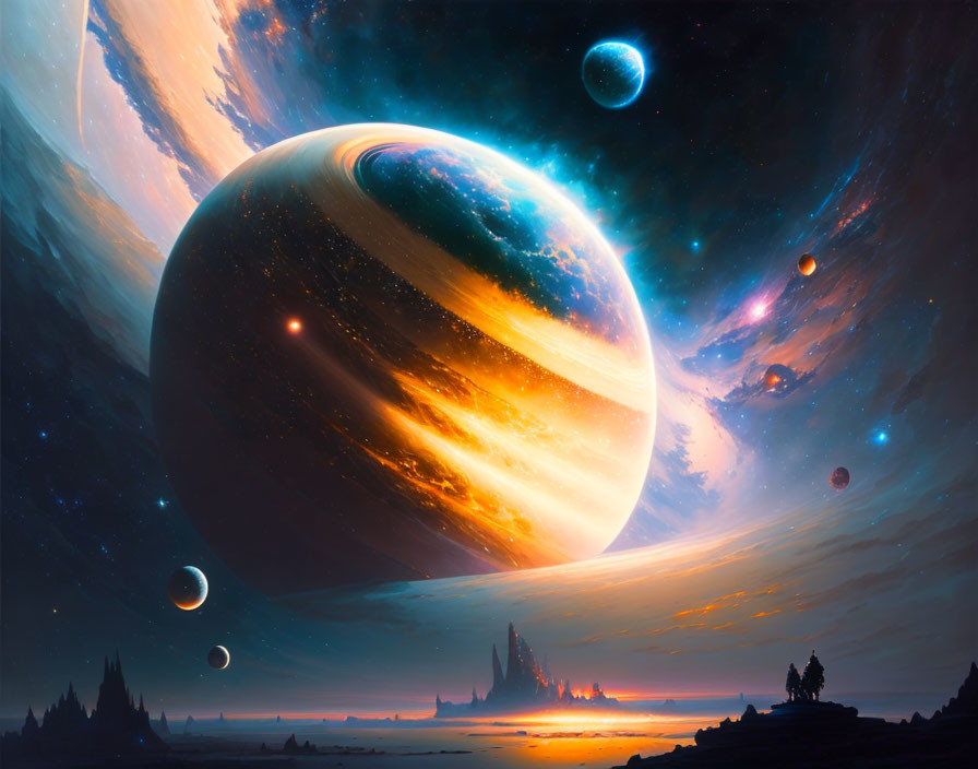 Colorful sci-fi landscape with massive planets and stars in the sky.