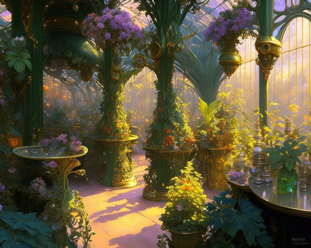 Lush Plants and Purple Flowers in Enchanting Greenhouse
