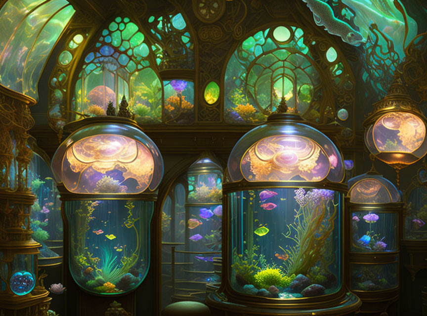 Ornate underwater-themed room with large aquariums