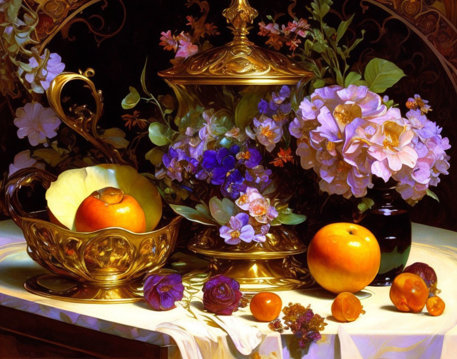 Vibrant Still Life Painting with Flowers, Fruits, and Golden Pitcher