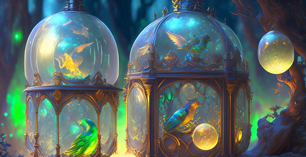 Luminescent Birds in Fantastical Birdcages Amid Mystical Forest