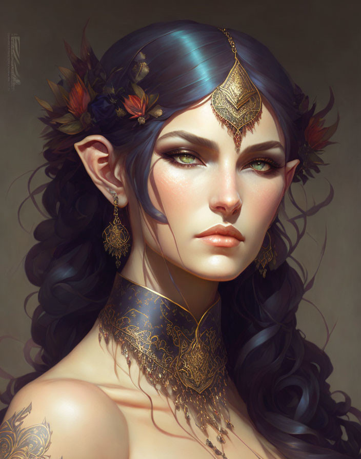 Fantasy female illustration with blue hair, green eyes, pointed ears, ornate jewelry, and tattoos