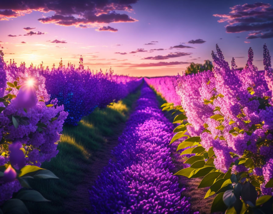 Farm Path with Vibrant Purple Flowers and Sunset Sky