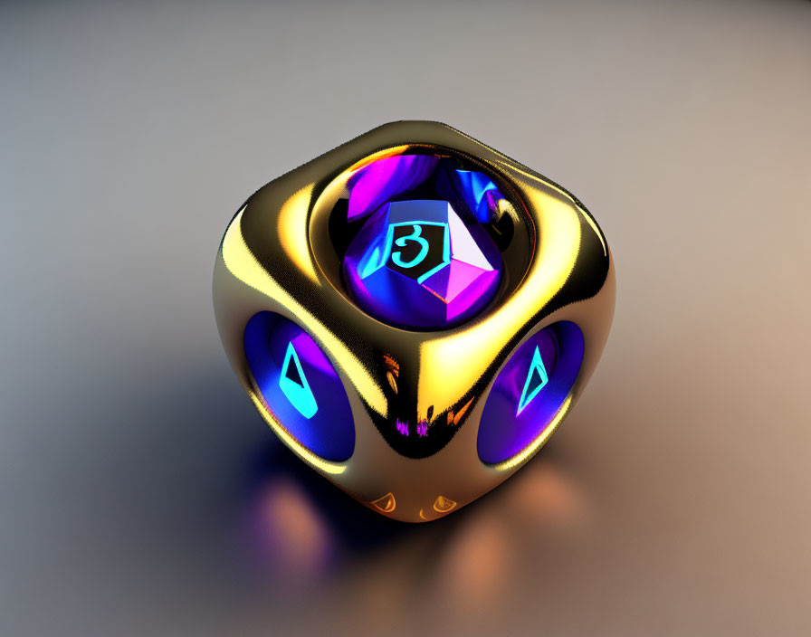 Shiny Golden Dice with Glowing Blue Symbols and Reflective Purple Centers