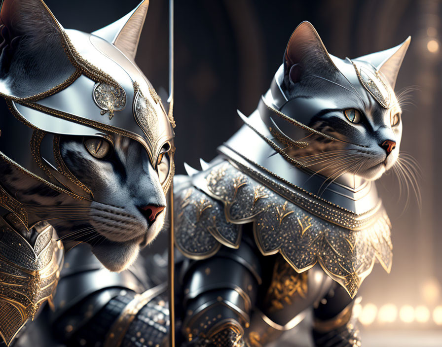 Digital artwork: Cat in medieval armor on golden background