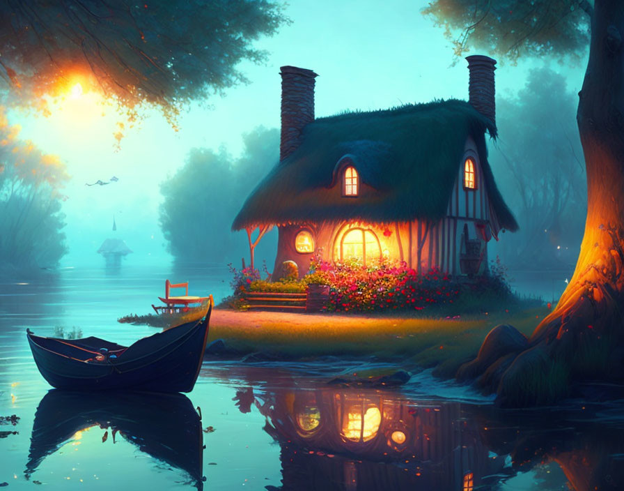 Thatched cottage by serene lake at sunset with warm lights and boat.